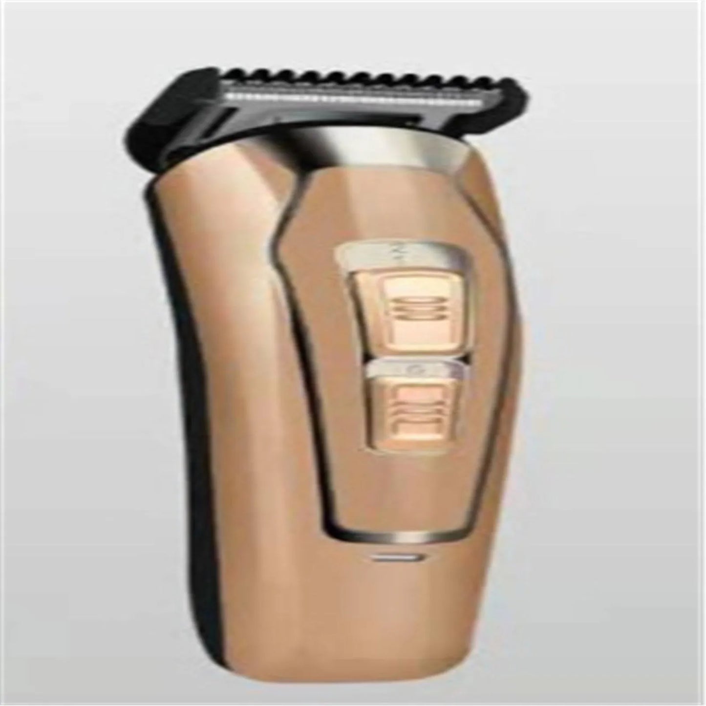 Dark blue rechargeable electric hair clipper with stainless steel adjustable blades on white background