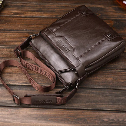 Men's soft messenger shoulder bag with zip closure and polyester lining in black, brown, or khaki