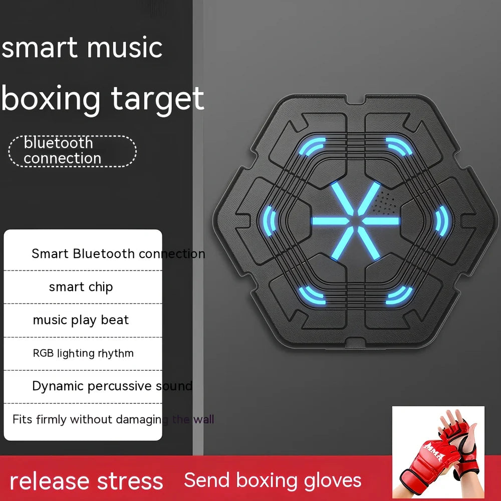 Blue hexagonal boxing machine with gloves, 430mm square target with musical feedback system