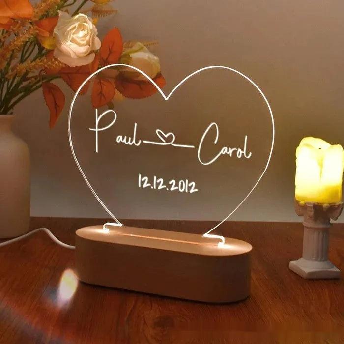 Custom LED night light with 20cm x 11.5cm acrylic plate displaying personalised text, USB powered for bedroom decor