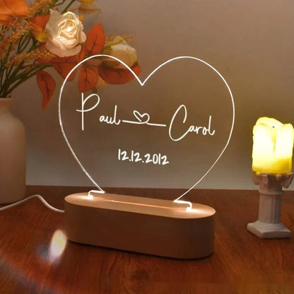 Custom LED night light with 20cm x 11.5cm acrylic plate displaying personalised text, USB powered for bedroom decor
