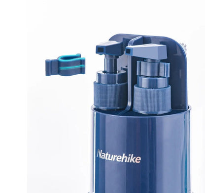 Multifunctional wash cup set includes two bottles, one cup, mirror, and comb for organized grooming