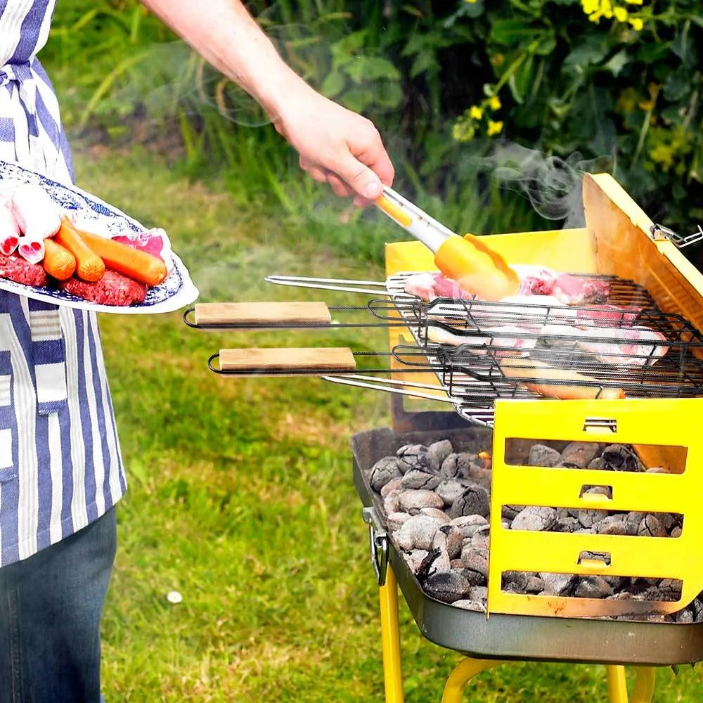 Barbecue basket with rotary lid and long wood handle on a grill, burlywood colour.