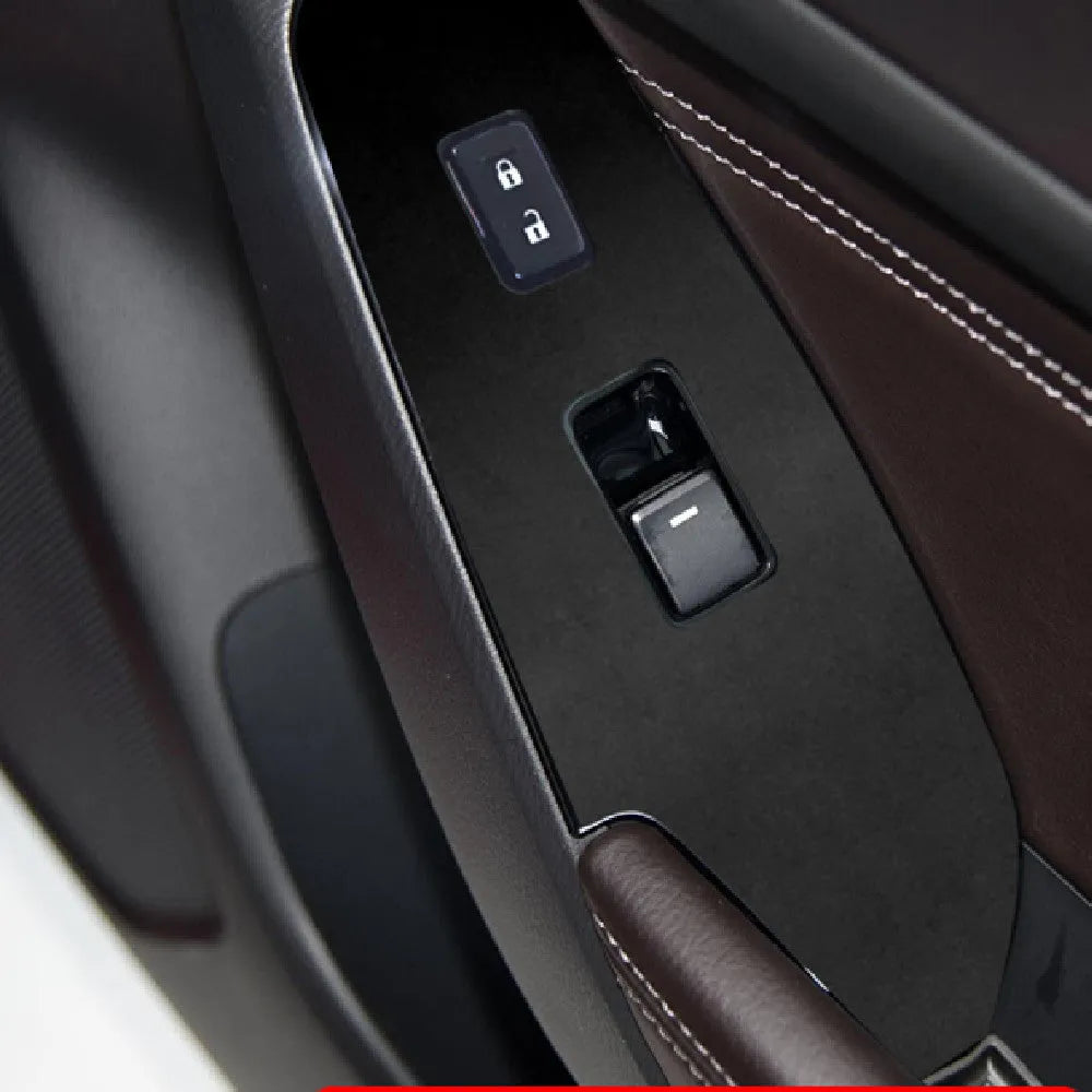 TPU protective film set for car door control panels in transparent, carbon fibre black, and matte black finishes