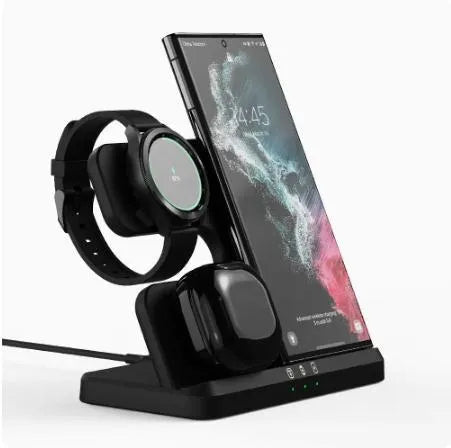 Vertical 3-in-1 wireless charging stand for mobile phone, smartwatch, and headphones
