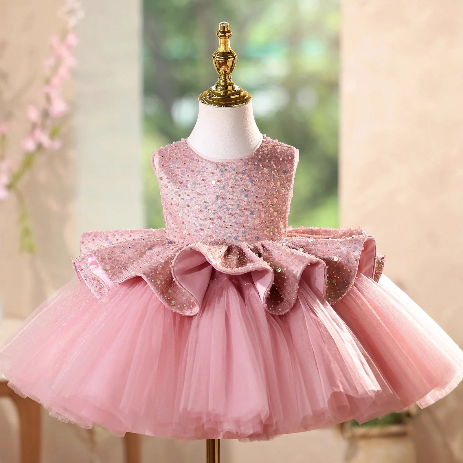 Pink flower girl dress for children with height sizing from 80cm to 150cm