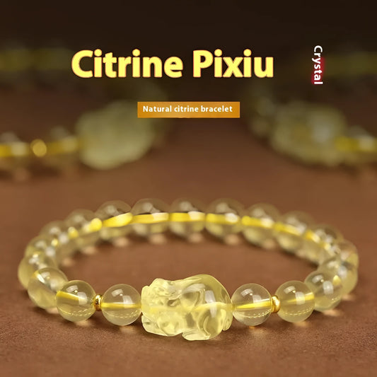 Yellow leather bracelet with citrine Pi Xiu charm and beads in selectable sizes.