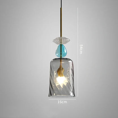 Glass chandelier with adjustable height above bar counter showing macaron-inspired candy glass design