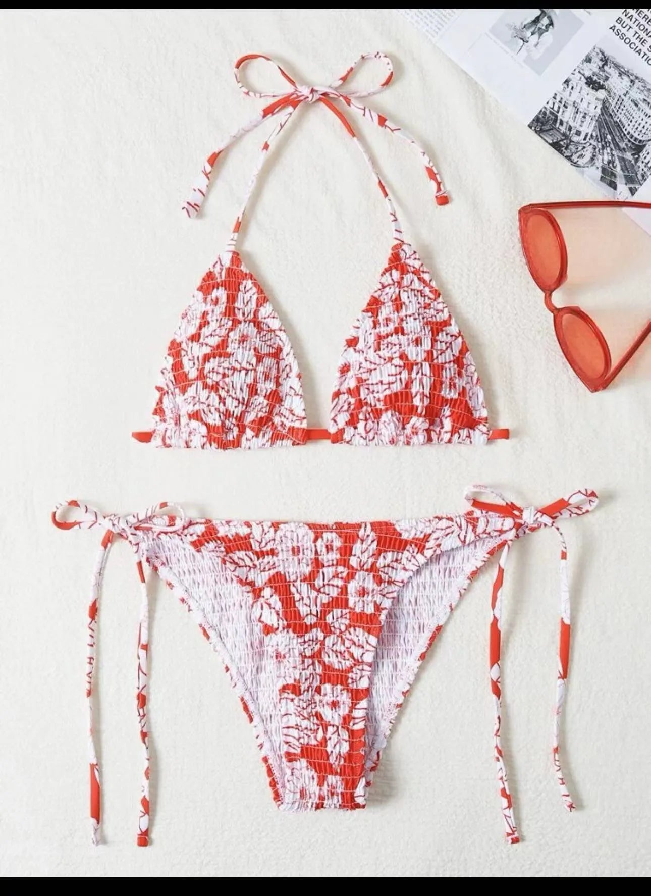 Women's floral halter neck swimsuit set in polyester fabric showing bra top and briefs
