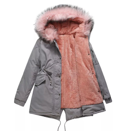 Mid-length hooded parka in various colors, ideal for cold weather protection