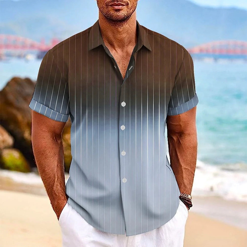 Men's gradient striped short-sleeved shirt with lapel button detail