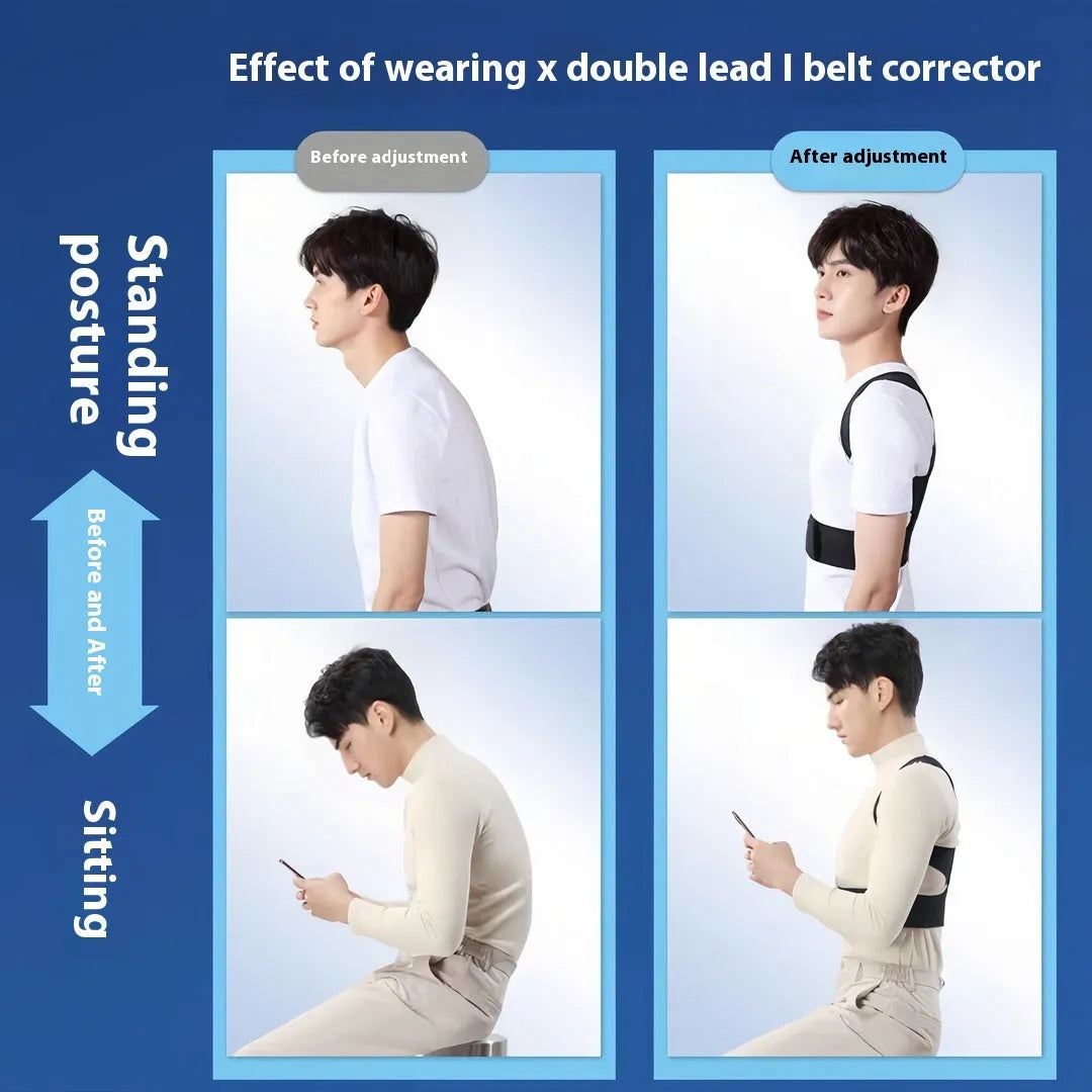 Man wearing a beige adjustable posture correction belt showing the hollow O back design and front straps.
