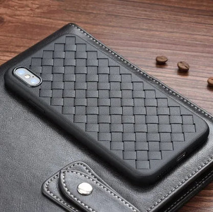 Luxury grid weaving phone case in black with hollow cooling design and raised lips for iPhone protection