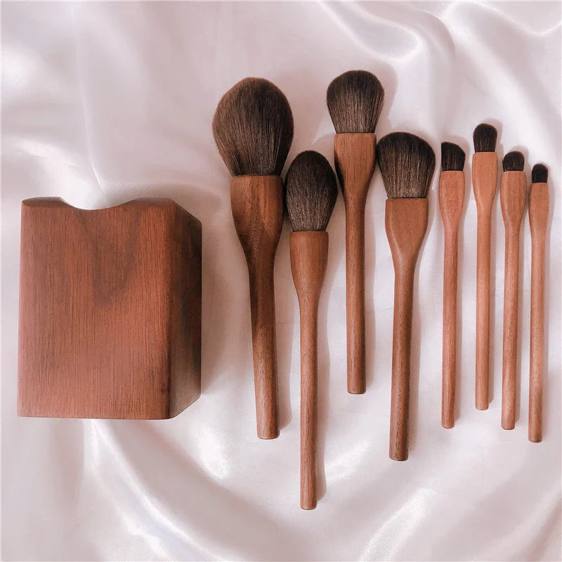 Wood handle makeup brush set with natural goat hair bristles and walnut wood handles