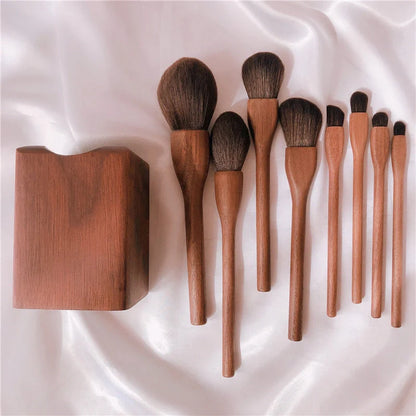 Wood handle makeup brush set with natural goat hair bristles and walnut wood handles