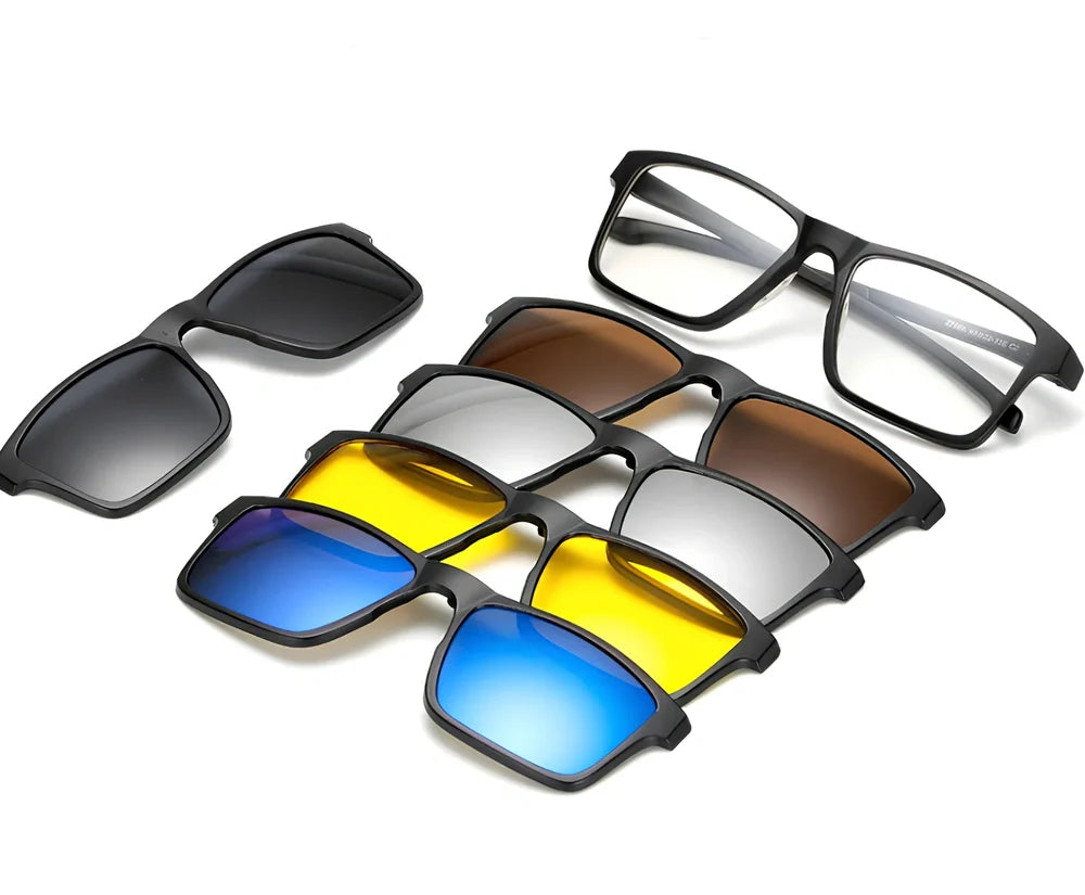 Magnetic sunglasses showing closure system with resin lenses and PC frame in multiple size options