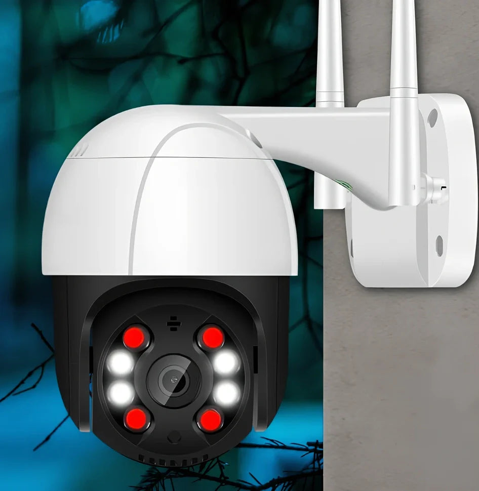 White wireless PTZ surveillance camera with dual antennas and rotational base for 270-degree coverage