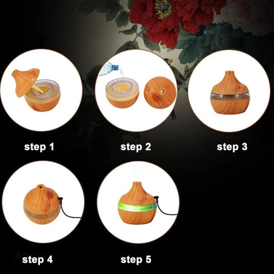 Yellow wood grain USB humidifier measuring 110x110mm with 300ml water tank and LED lighting