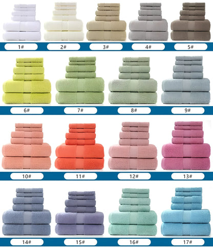 Cotton towel set showing bath towel, hand towel, and face cloth in coordinated sizes