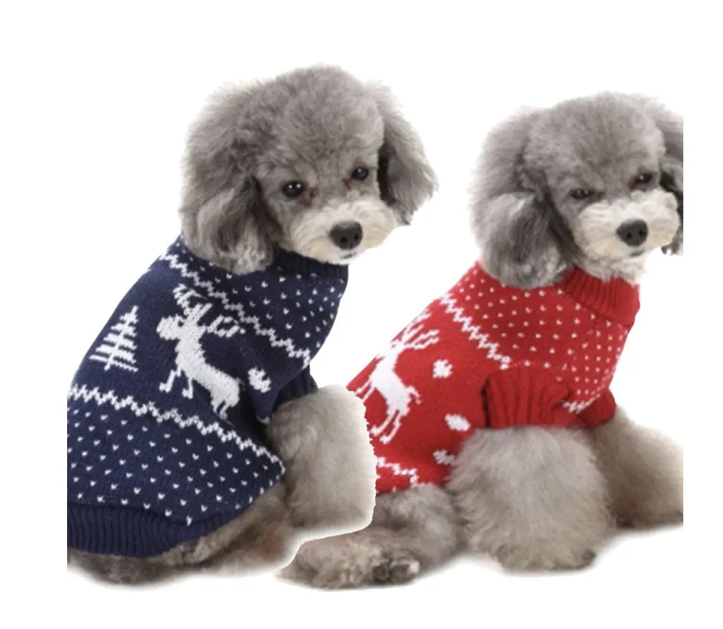 Elk reindeer deer Christmas dog sweater in blue or red, sizes XS to XXL, festive pet clothes