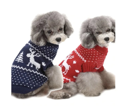Elk reindeer deer Christmas dog sweater in blue or red, sizes XS to XXL, festive pet clothes