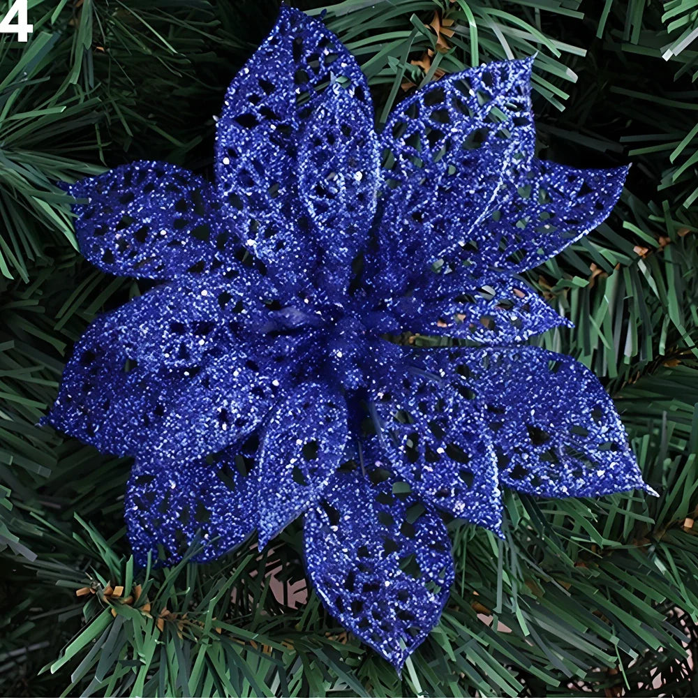 Set of 10 golden 15cm glitter flowers for Christmas trees in gold, silver, red colours