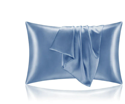 Silk-effect satin envelope pillowcase in navy blue showing envelope closure and smooth fabric texture
