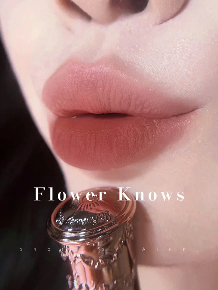 Flower Knows Strawberry Rococo Series Embossed Blush Velvet Matte Lip Glaze in retro perfume bottle design