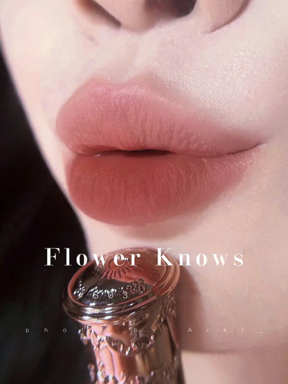 Flower Knows Strawberry Rococo Series Embossed Blush Velvet Matte Lip Glaze in retro perfume bottle design