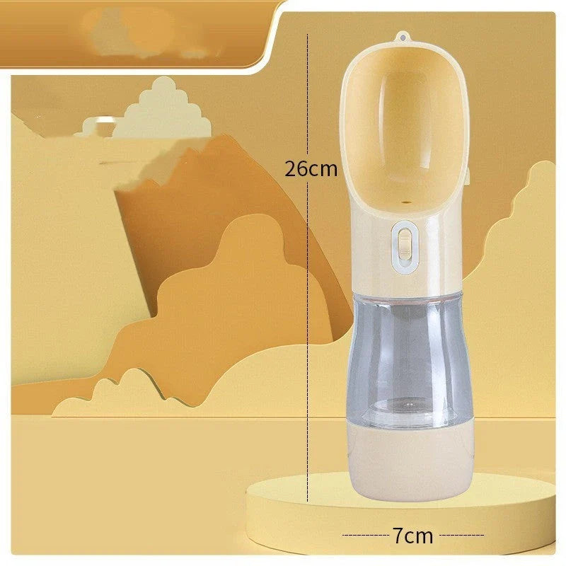 Portable pet water bottle and feeding bowl made of durable, BPA-free plastic with a leak-proof design and large opening for easy drinking and refilling