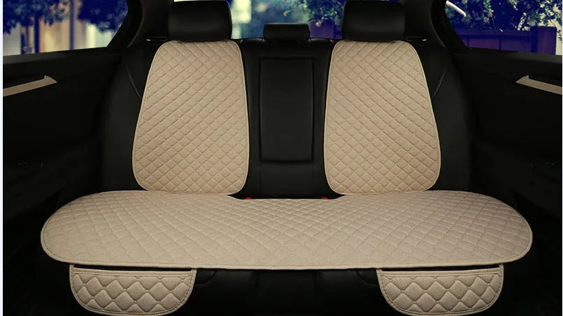 Flax linen car seat cover protector in beige, black, red and brown, with cushion and five-seat style options.