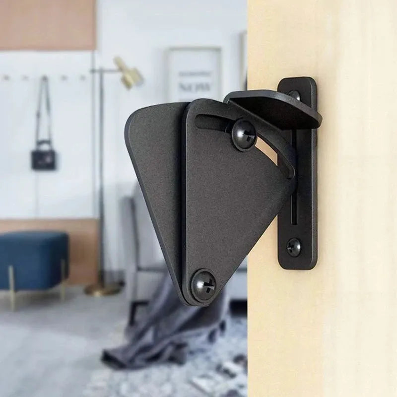 Black stainless steel sliding barn door lock with handle latch, shown in S and M sizes.