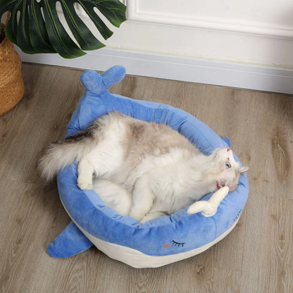 Blue duck shape fluffy pet bed sofa for small dogs and cats on a wooden floor