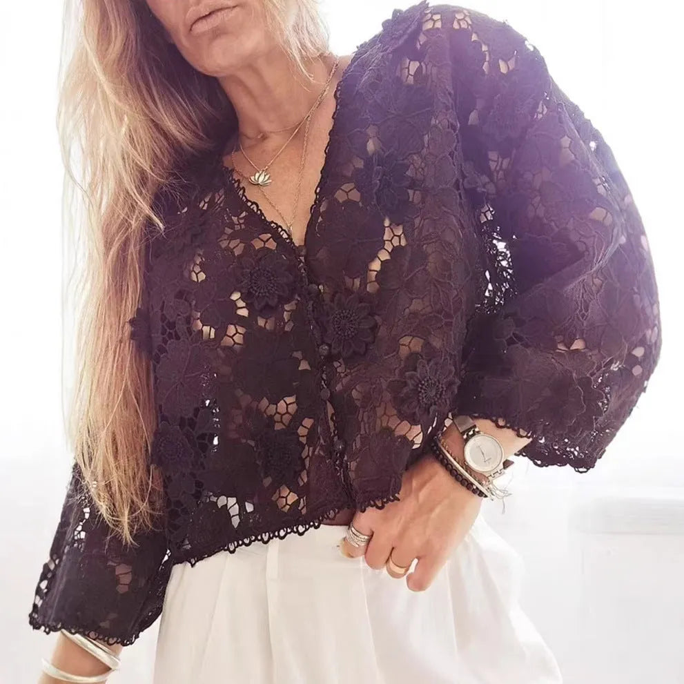 Polyester lace cardigan with three-dimensional floral decoration, V-neck, and long sleeves in loose street fashion fit