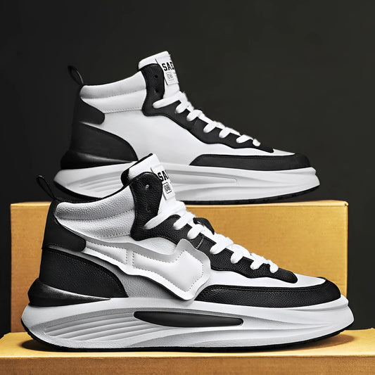 Men's black and white high-top casual board shoes with a round toe and platform sole.