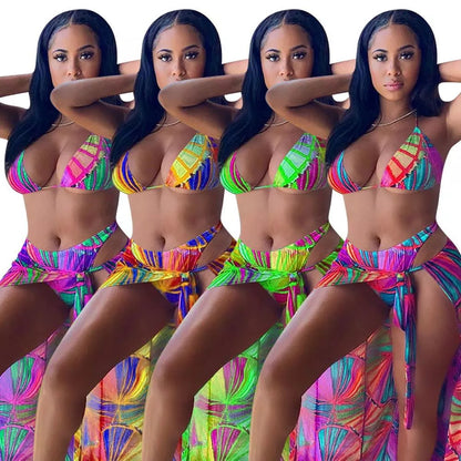 Floral print nylon bikini set in red, green, and orange options