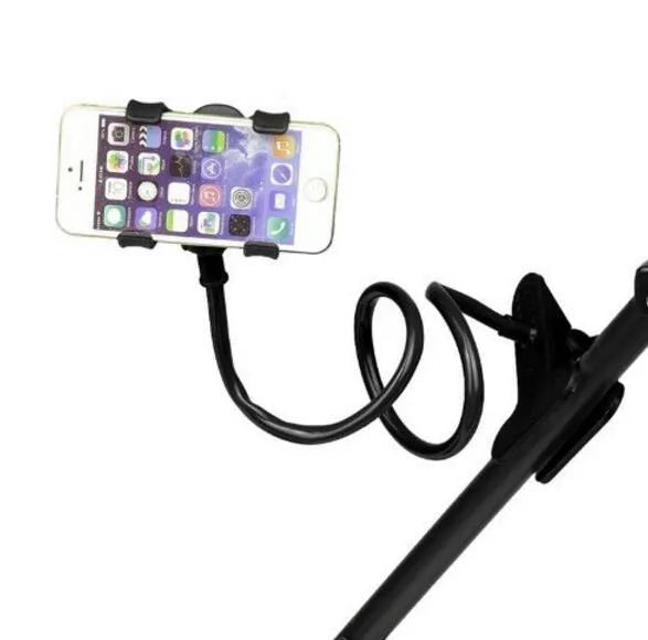 Black flexible arm mobile phone holder with V-clip gripping a smartphone, extended to 70cm on a bedside table.