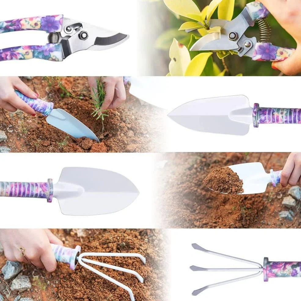 Purple-handled 10-piece rust-proof gardening tool set with sandblasted finish for soil work
