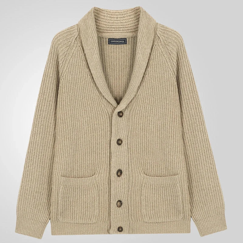 Men's knitted cardigan sweater in khaki color with button closure and pockets