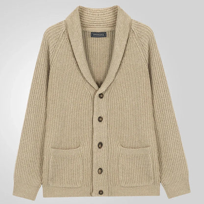 Men's knitted cardigan sweater in khaki color with button closure and pockets