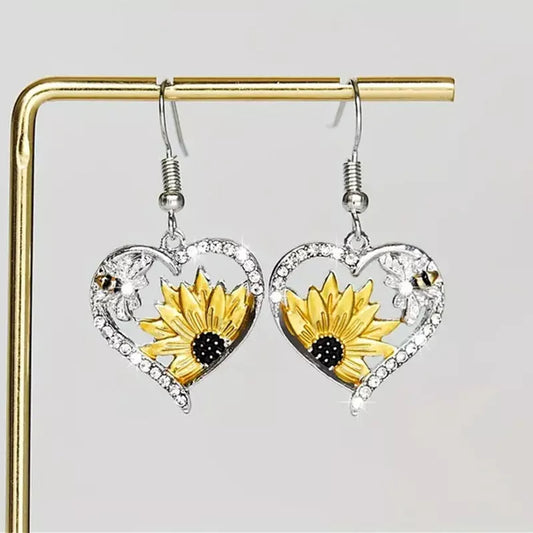 Silver alloy bee sunflower heart fashion earrings with detailed floral and animal motifs
