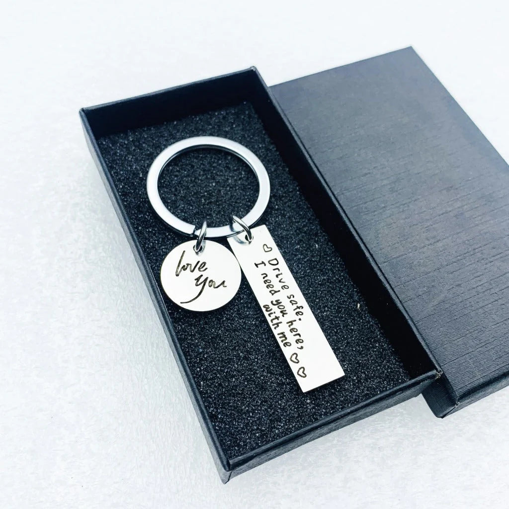 Stylish stainless steel safe driving keychain with unique message