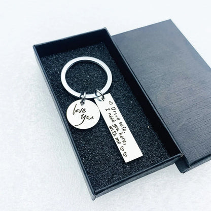 Stylish stainless steel safe driving keychain with unique message