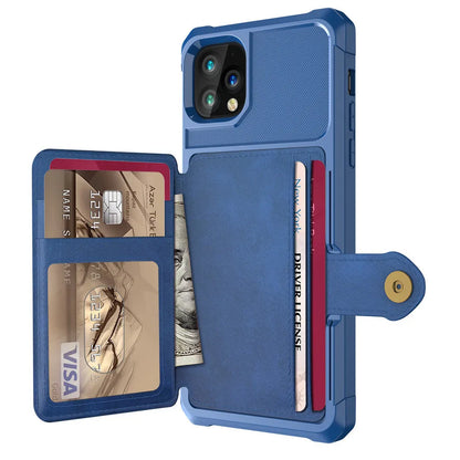 Imitation leather card wallet iPhone case back cover in black, blue, green, pink, or red.