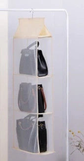 Foldable hanging multi-layer storage rack in grey and beige, perfect for organizing sundries