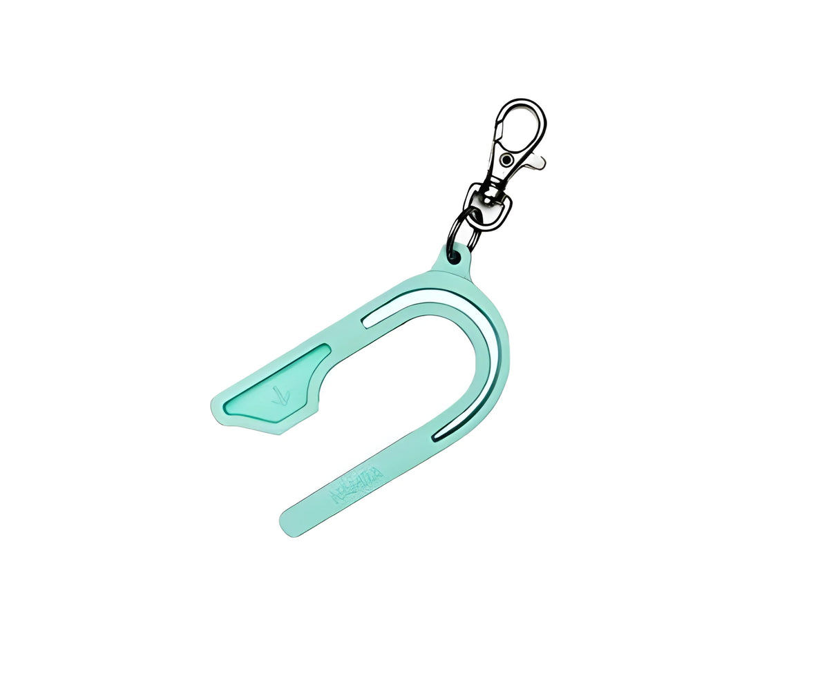 Plastic car seat key for child car seat red button, shown in Pink, Violet, or green, stored on a keychain.