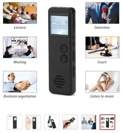 Black MP3 digital voice recorder with matte finish, 88mm x 33mm x 12.5mm, featuring a broken code screen and one-key recording button.