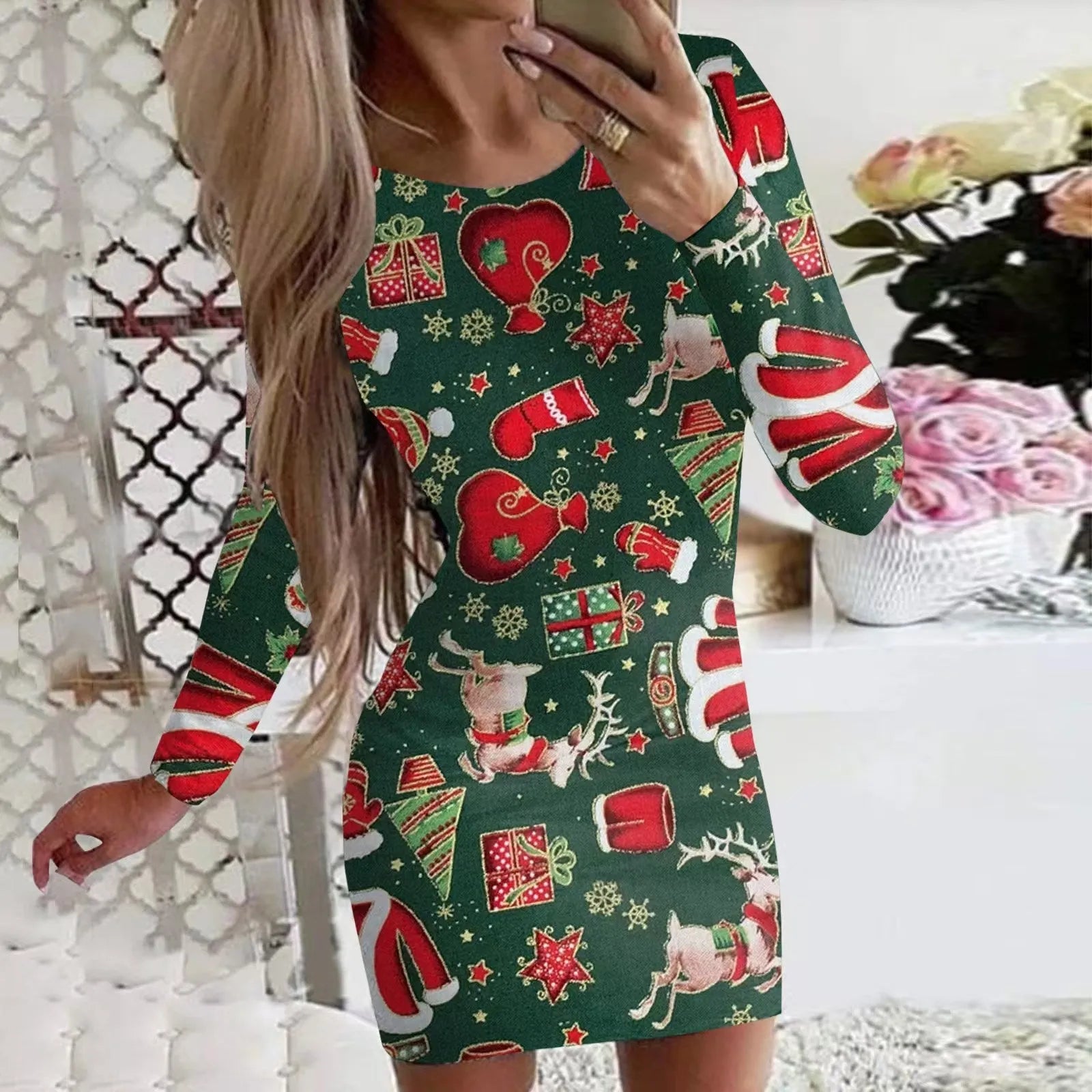 Women's Christmas printed dress with animal pattern, round neck, long sleeves, and floral colours