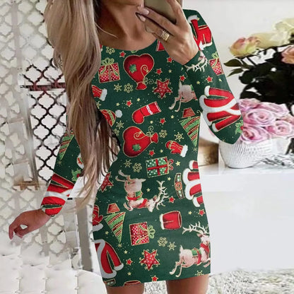 Women's Christmas printed dress with animal pattern, round neck, long sleeves, and floral colours