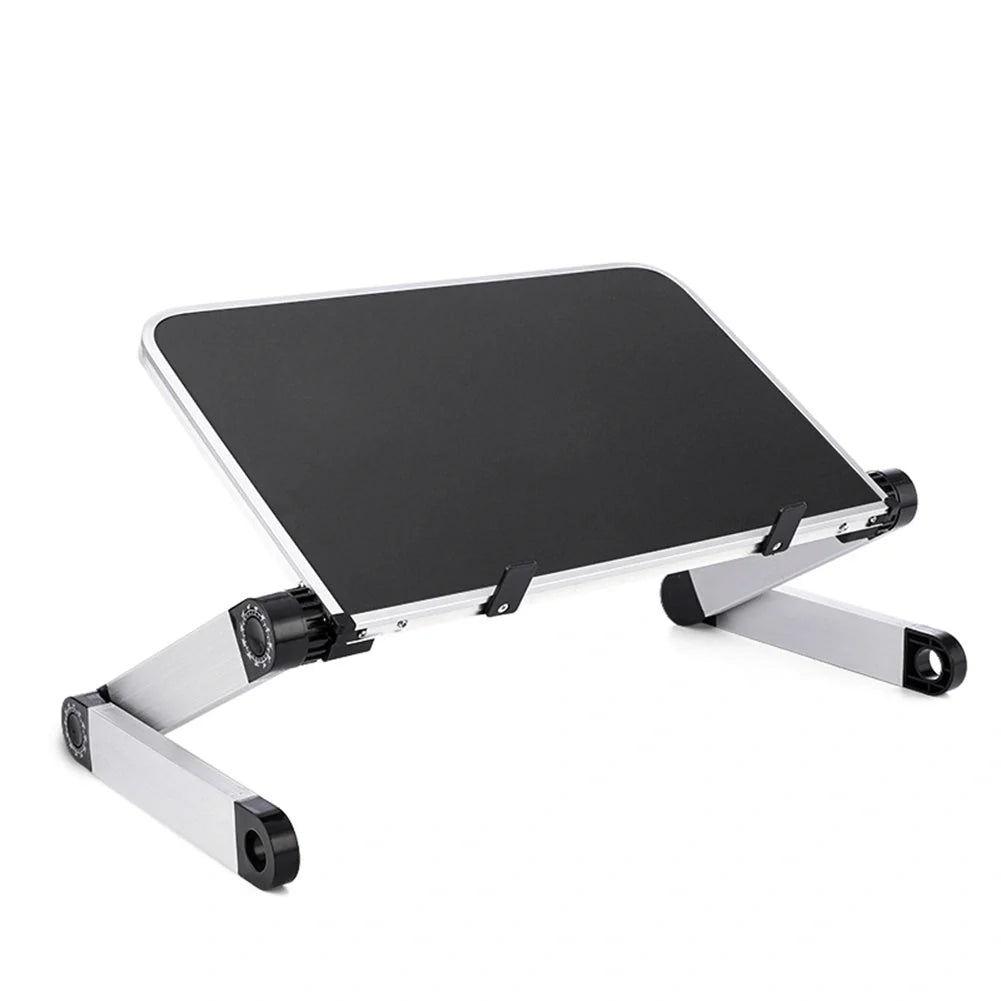 Adjustable foldable laptop stand in black and white, with 360-degree rotation and height adjustment